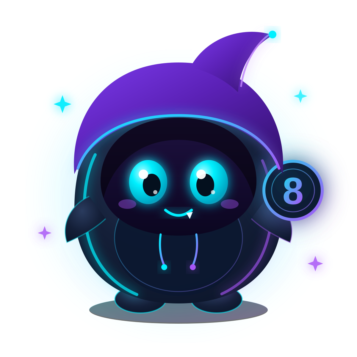 Pookiz mascot — a hooded creature holding a glowing 8 coin